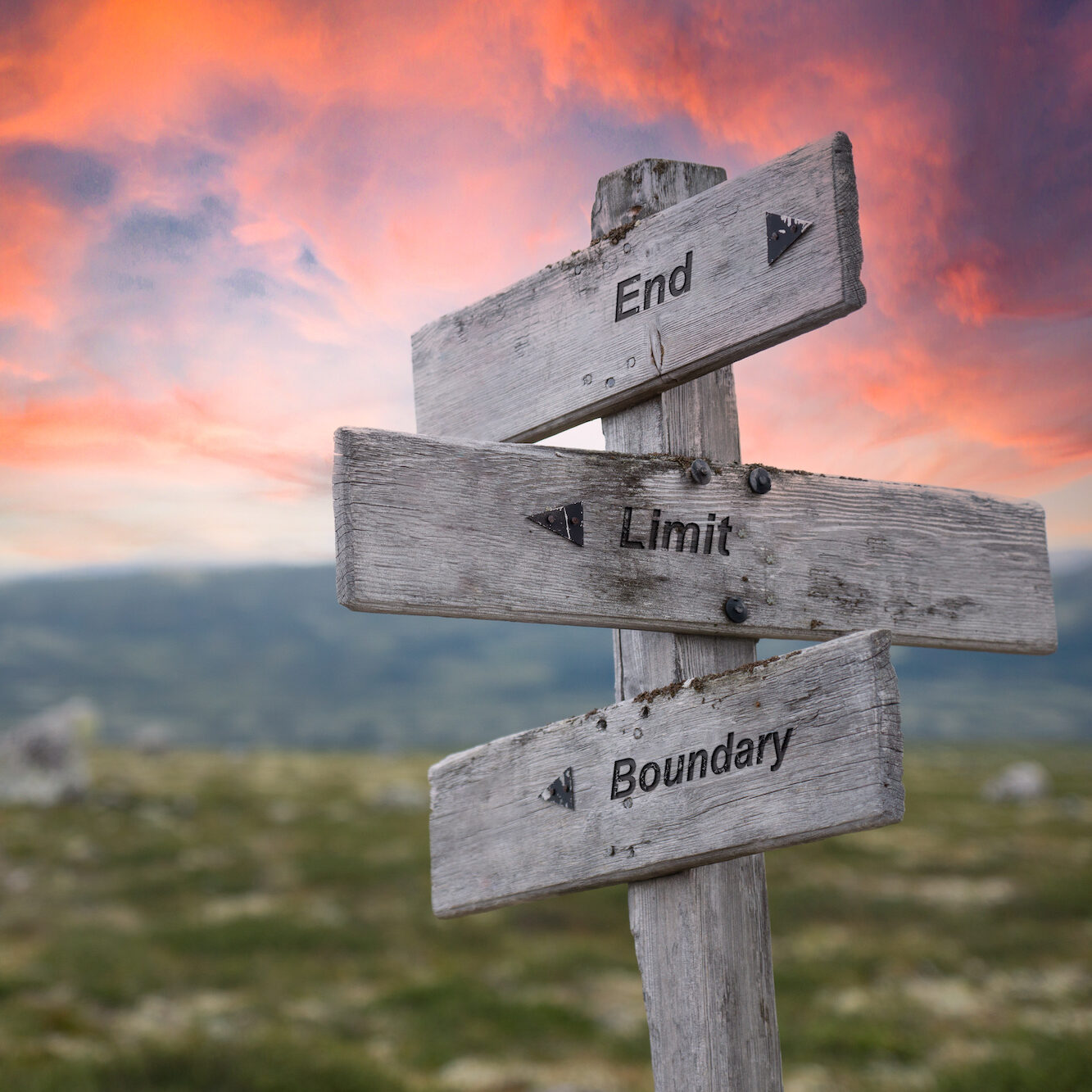 end limit boundary text engraved in wooden signpost outdoors in nature during sunset and pink skies.